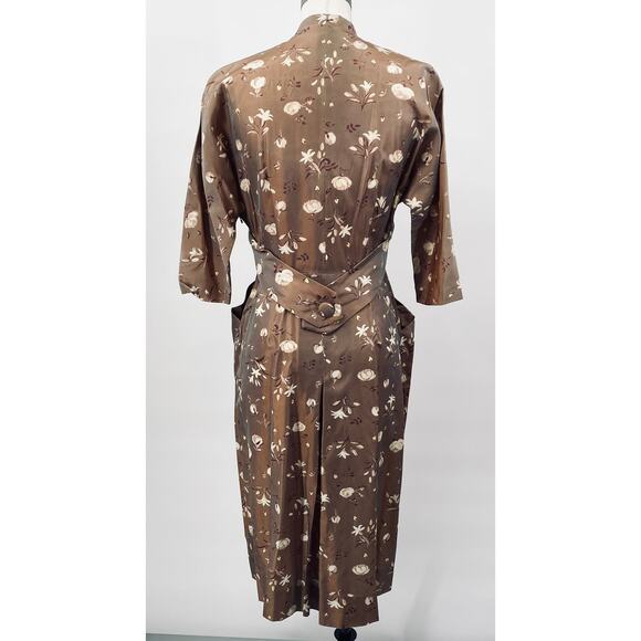 Vintage 40s 50s Floral Satin Sheath Dress V Neck Pockets Cinched Waist Brown 10 - Picture 7 of 12